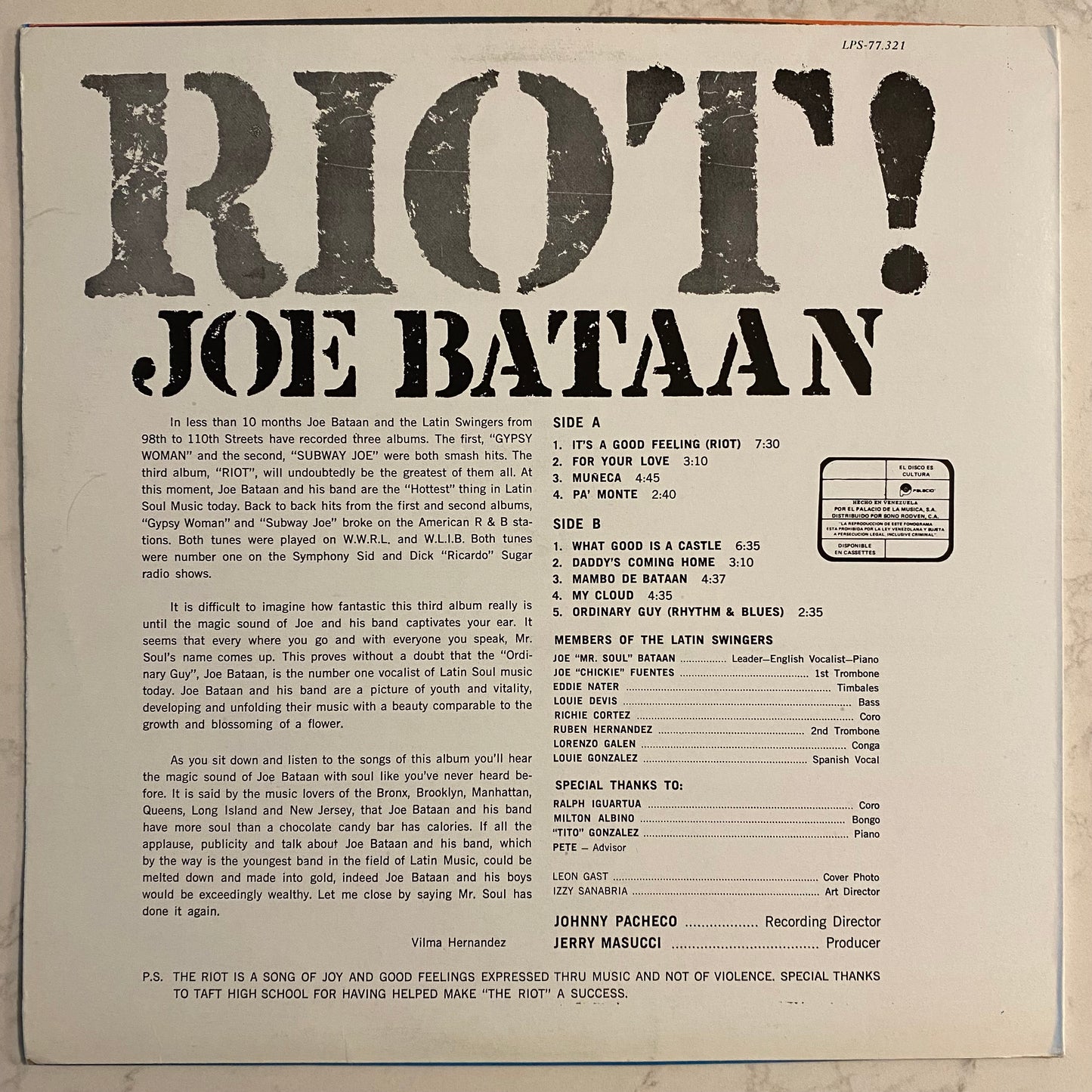 Joe Bataan - Riot! (LP, Album, Mono, RE)
