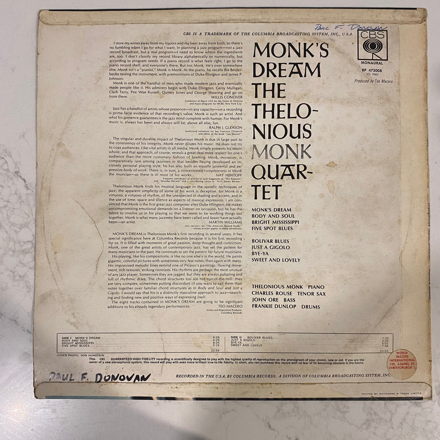 The Thelonious Monk Quartet - Monk's Dream (LP, Album, Mono). JAZZ